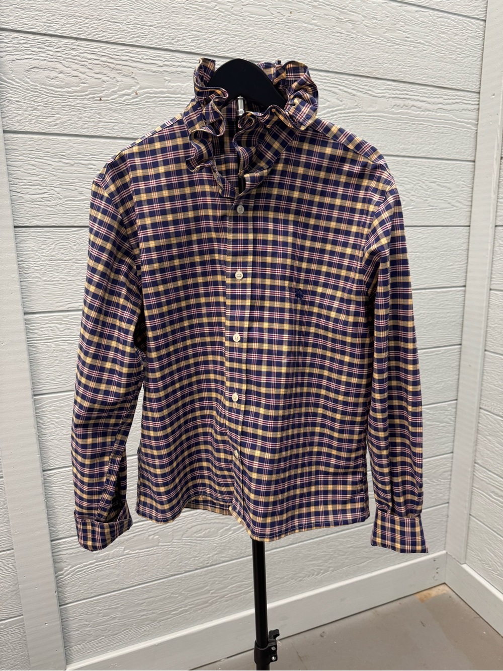Brooks Brothers Purple and Yellow,navy and red Plaid Blouse, ruffle collar